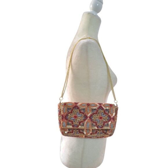 Lulus Women's Floral Coral Gold Multi Clutch Shoulder Chain Bag Party Cocktail - Picture 6 of 8